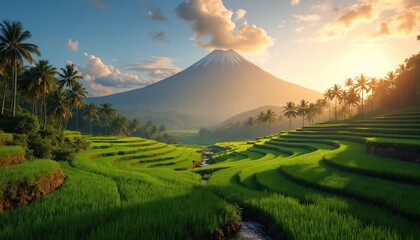 Fototapeta premium Rich green rice terraces cascade down a hillside towards a volcano under a bright sky. Palm trees line the landscape, bathed in warm morning sunlight. A small stream flows through the vibrant fields.