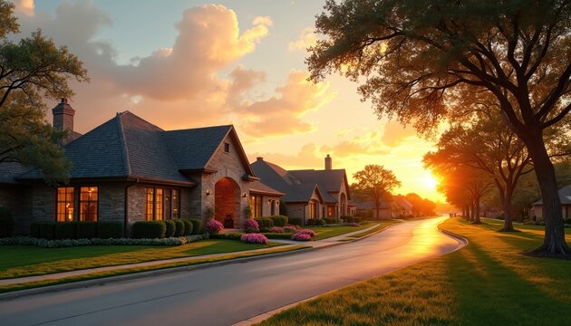 Beautiful suburban street with ranch-style homes at sunset. Warm light reflects on the road and green lawns. Trees and flowers line the picturesque neighborhood.