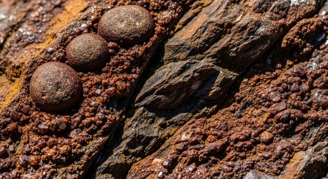 Close up of weathered rock formation with spherical concretions and textured surfaces