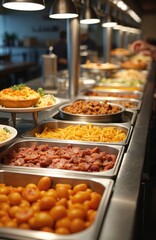 Obraz premium Self service restaurant food line. Trays hold french fries, meats, sausages, and small orange vegetables. People select meals from warmers in this cafeteria eatery.