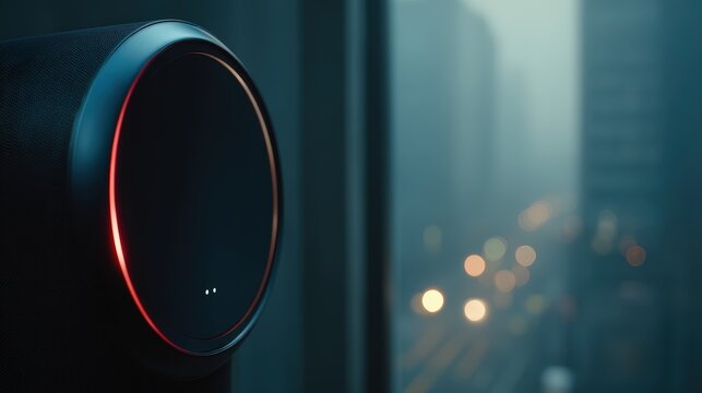 A sleek, modern smart speaker with a glowing red ring sits near a window overlooking a blurred urban nighttime scene with bokeh lights, PM2.5 pollution effects