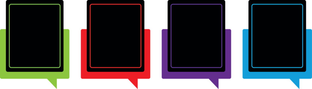 A collection of four square frames each layered over a colored speech shape in green red purple and blue. This versatile vector design is suitable for highlighted text call-to-action chat box buttons 