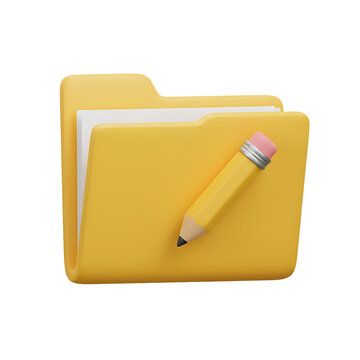 Yellow folder icon with paper and pencil, office supplies, business document organization, transparent background.