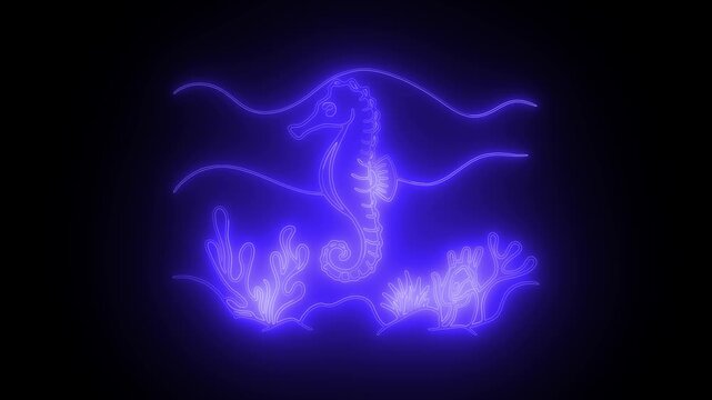 Purple Neon Seahorse and Coral Under Waves on Black Background light glowing