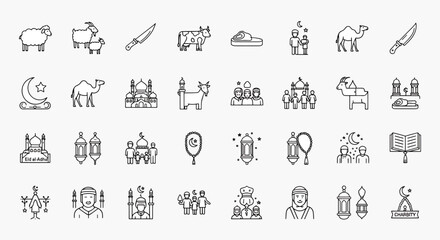 Fototapeta premium Eid al-Adha Islamic Icons Set Vector Graphics Collection Symbols of Muslim Holiday Celebration