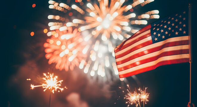 Spectacular independence day fireworks display with american flag usa celebration