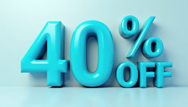 3D cyan numbers 40 and word OFF with percent sign float on light blue background. Great for sale promotion banners advertising limited time discounts and special offers.