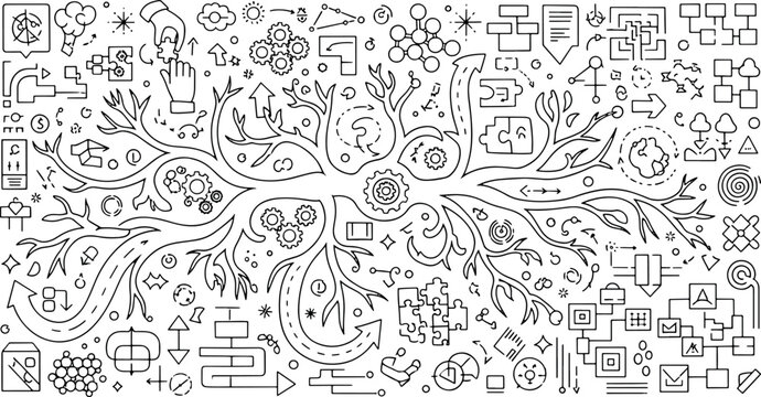 Complex organizational business growth and strategic planning mind map with interconnected tree branches and flow chart elements vector illustration doodle art and icon set