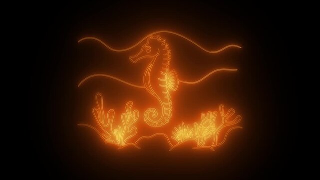 Orange Neon Seahorse and Coral Under Waves on Black Background light glowing