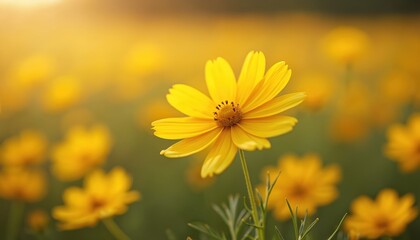 Obraz premium Bright yellow cosmos flower blooms in sunlit field. Soft focus background shows more yellow blossoms and green stems. Simple nature beauty, peaceful garden scene.