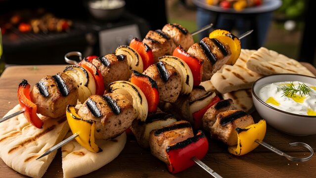 Delicious grilled pork skewers with vibrant bell peppers and onions served with fresh pita bread and creamy tzatziki sauce, perfect for summer barbecue parties, food blogs, and restaurant menus.