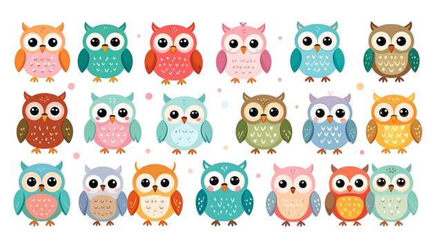 A vibrant group of cartoon owls in various colors, arranged neatly in rows. Each owl has large eyes
