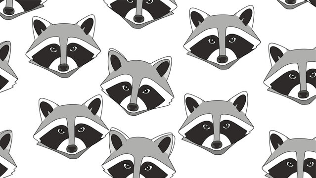 Fun seamless pattern of grey raccoon faces with characteristic black masks scattered across a clean white background space.