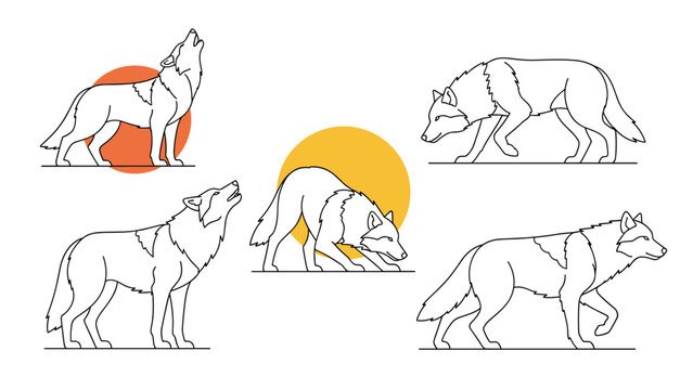 Collection of six wolves in different active poses such as howling and walking with orange and yellow sun backgrounds.