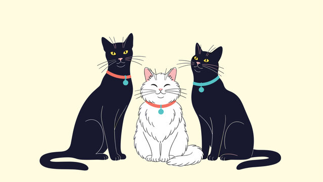 Three cute cats sitting together with two black cats flanking a fluffy white cat in a charming character illustration.