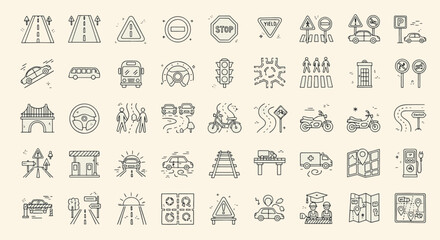 Comprehensive collection of traffic safety road signs transportation vehicles and urban navigation elements in a hand drawn vector illustration doodle art and icon set © Kanon Islam