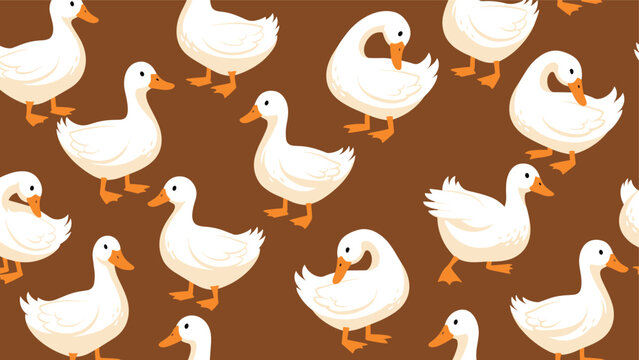 Delightful seamless pattern showcases white ducks with orange beaks swimming on a solid brown background.