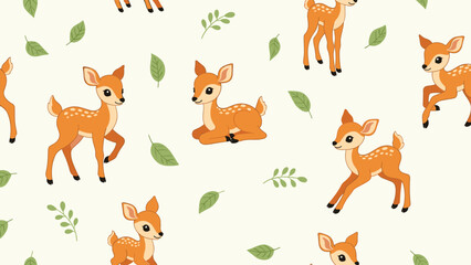 Fototapeta premium Enchanting seamless pattern features small orange fawns and green leaves scattered on a cream background.