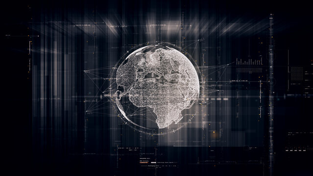 Global data network world map with matrix style grid, glowing HUD interface and streaming light trails, futuristic internet, IoT connectivity and digital simulation background
