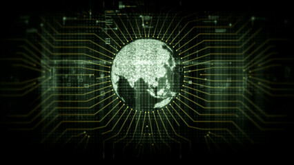 Obraz premium Global data network world map with matrix style grid, glowing HUD interface and streaming light trails, futuristic internet, IoT connectivity and digital simulation background