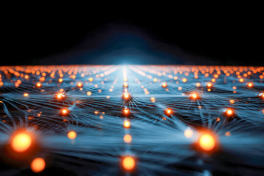 Glowing network of interconnected points and lines symbolizing digital communication and data transfer across a vast technological grid at night