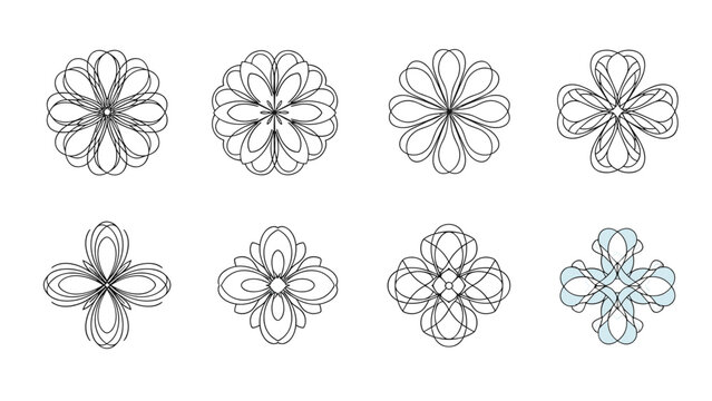 Set of eight symmetrical floral mandala icons in black line art with one blue colored variant.