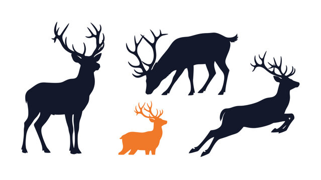 Set of black and orange deer silhouettes in different dynamic poses like walking and jumping on a white background.