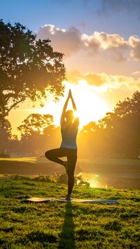 Woman does tree pose in grassy field at sunrise, framed by trees and a pond