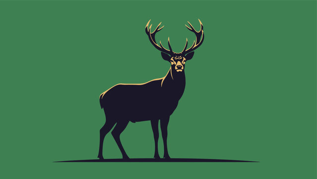 Majestic stag silhouette with large antlers standing against a dark green background in a minimalist and elegant wildlife illustration.
