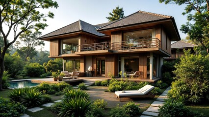 Fototapeta premium Modern Wooden House Surrounded by Lush Greenery in Bright Daylight