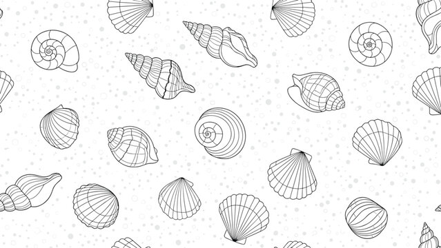 Detailed seamless pattern of various seashells and sand textures in a black and white line drawing style for beach and ocean themes.