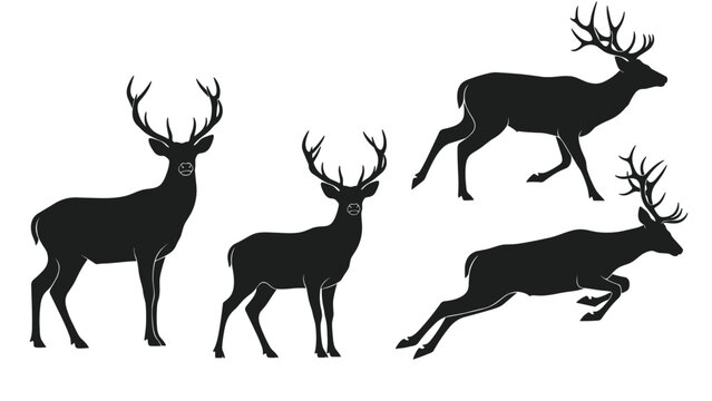 Black silhouettes of majestic stags and deer in various standing and running poses isolated on a white background for nature design.