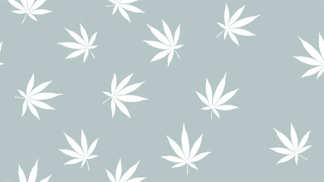 Seamless pattern of white hemp or marijuana leaves scattered on a muted green background for textile and wallpaper design projects.