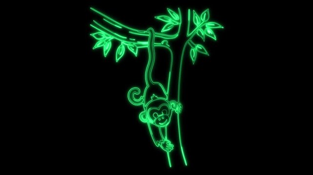 Cartoon monkey hanging from a tree branch with neon green outline on black background vine