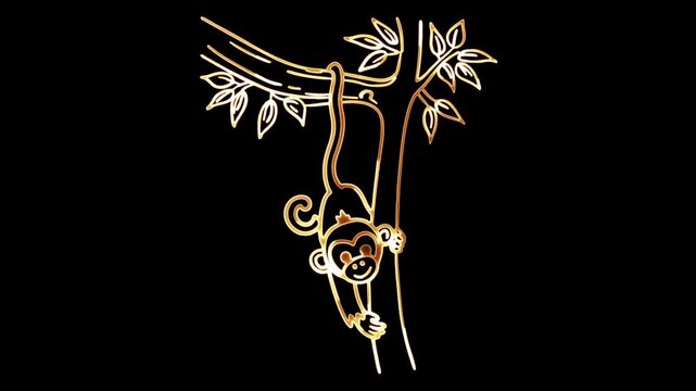 Cartoon monkey hanging from a tree branch with glowing orange and yellow outline on black background