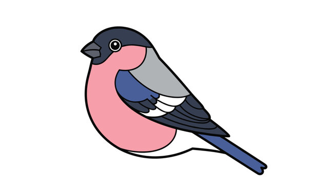 Colorful illustration of a bullfinch bird with its characteristic bright pink breast, black head, and blue-grey wings on a white background.