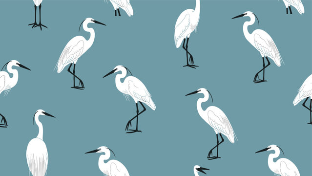 Elegant seamless pattern of white egret birds standing in various poses against a muted blue-grey background, ideal for textile design.