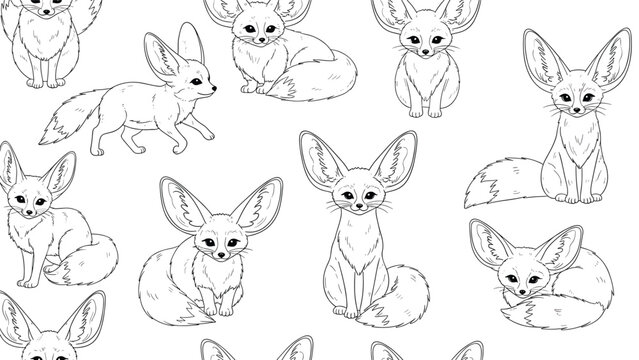 Seamless pattern of hand-drawn fennec foxes in different positions, showcasing their large ears and slender bodies in a fine line art style.