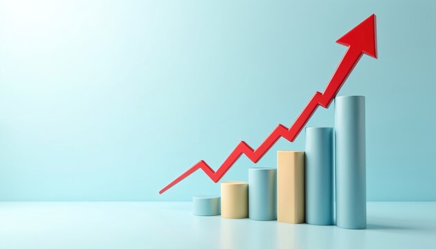 Red arrow graph rises over cylinder bars. Data shows uptrend increase. Financial growth progress concept, analytics progress. Business success.