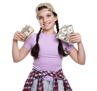 Pocket money. Girl with dollar banknotes on white background