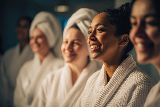 Diverse group of happy women wearing white bathrobes enjoying a relaxing spa day together with towels wrapped around their hair in a calm serene environment