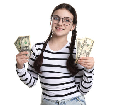 Pocket money. Girl with dollar banknotes on white background
