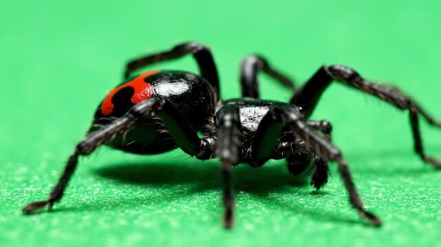 Black widow spider on green surface.