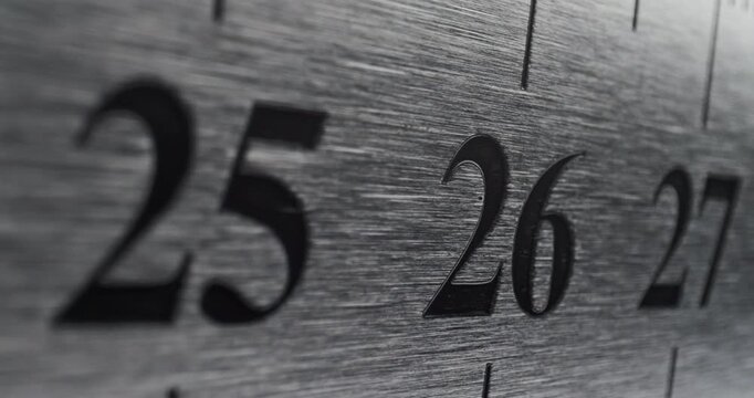 Slow Pan Over Metal Ruler. Smooth slow movement across extreme close-up of metallic ruler with black numbers and brushed surface.