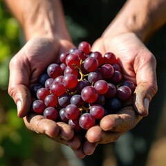 Fototapeta premium Hands cup fresh red grapes at harvest time. Farmer holds ripe berries from vine. Agriculture involves growing fruit for wine and food. Healthy organic produce from vineyard.