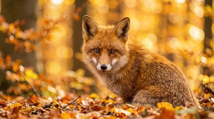 Fototapeta premium Red fox, wild canine in a golden autumn forest, vibrant fall foliage covering the woodland floor, a moment of natural tranquility and vigilant observation