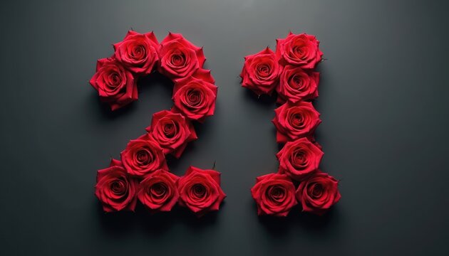 Red roses form number 21 on dark background. This floral numeral signifies a milestone birthday, anniversary, or significant date, often used for celebrations. Romantic flower art.
