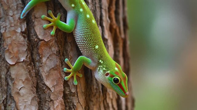 A vibrant green gecko clings to a textured tree trunk, showcasing its colorful skin and eye