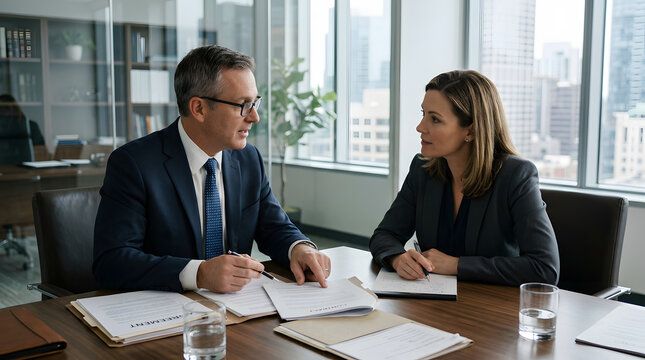 Two professionals in a meeting room, engaged in discussion and analysis of documents on the table. The scene portrays a business meeting with people dressed in business attire.