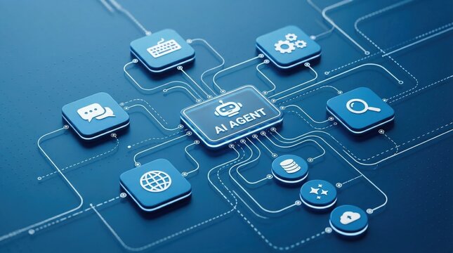 Artificial intelligence agent concept diagram with connected digital icons representing automated workflows and advanced machine learning system integration